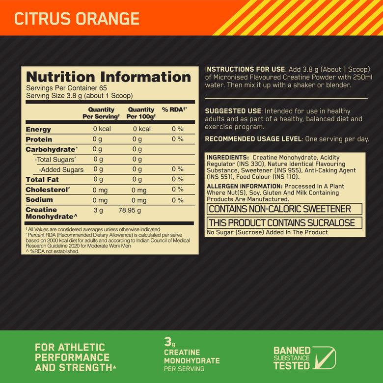 Optimum Nutrition Micronized Creatine Powder Creatine (250 g, Citurs Orange)