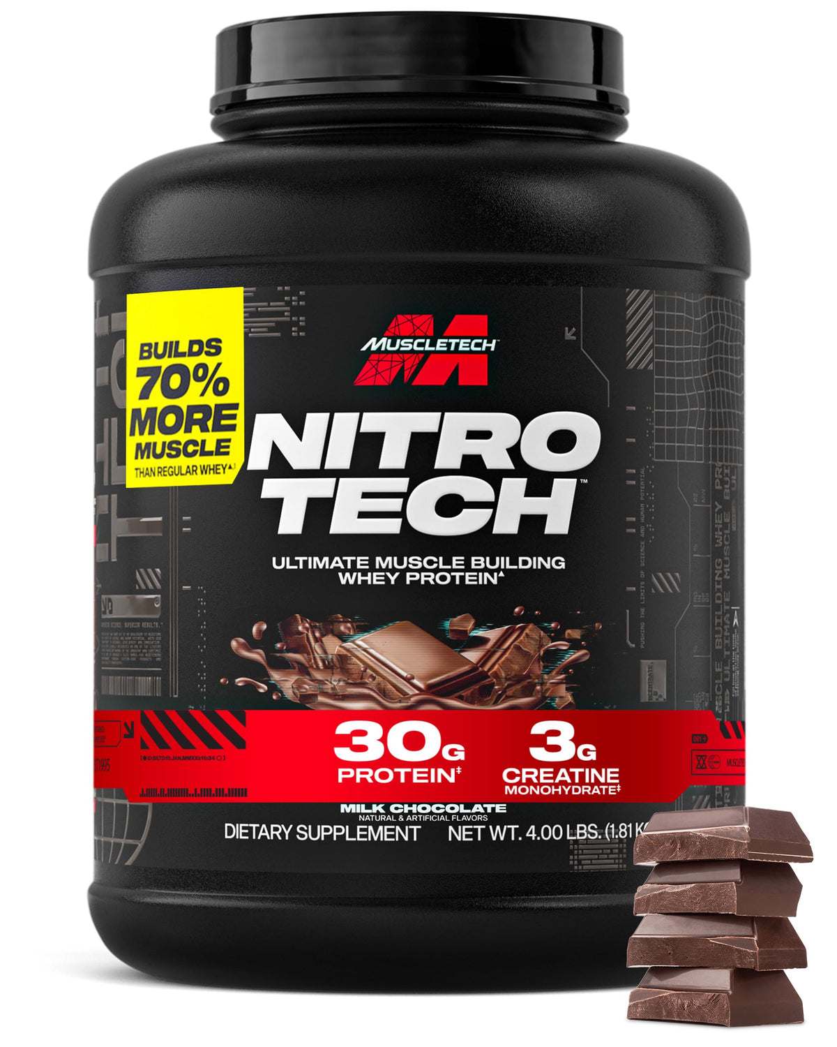 MuscleTech Nitro-Tech Whey Protein Powder Milk Chocolate 4 lb Tub