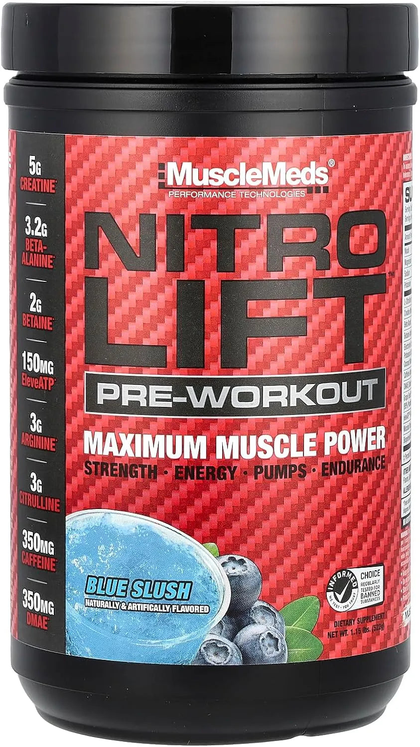 Musclemeds Nitro Lift Pre Workout Enhance Endurance And Muscle Performance, Blue Slush, 40 Servings