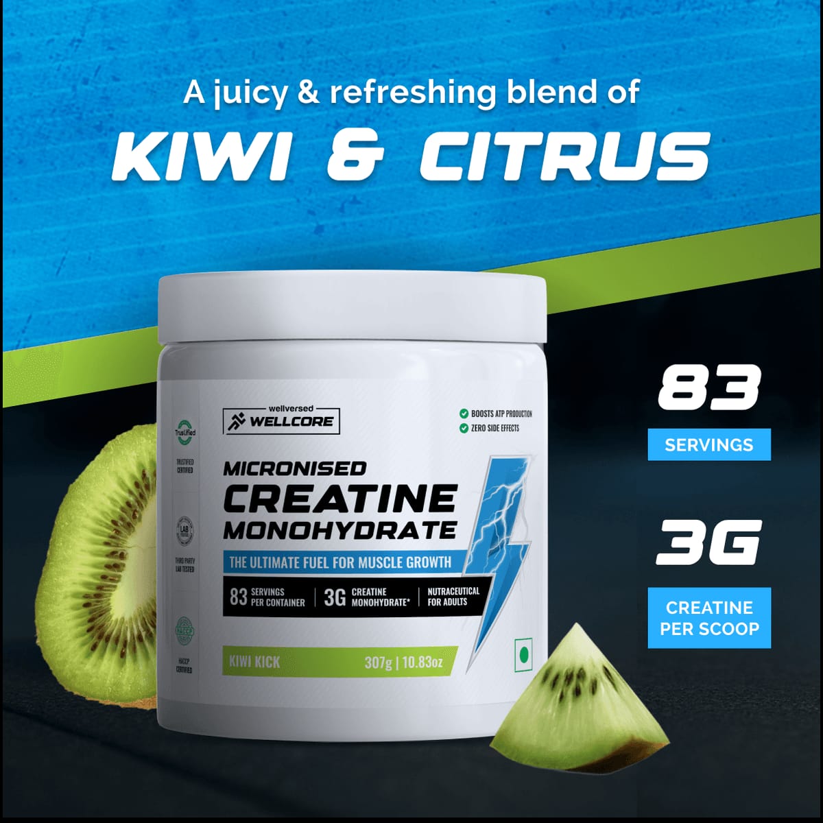 Wellcore - Pure Micronised Creatine Monohydrate | Kiwi Kick (307g, 83 servings)