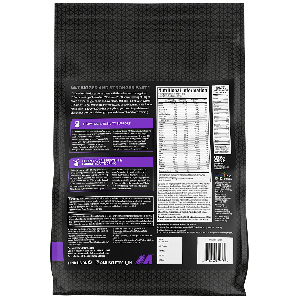 MuscleTech Mass-Tech Extreme 2000 Nutrition Facts Label